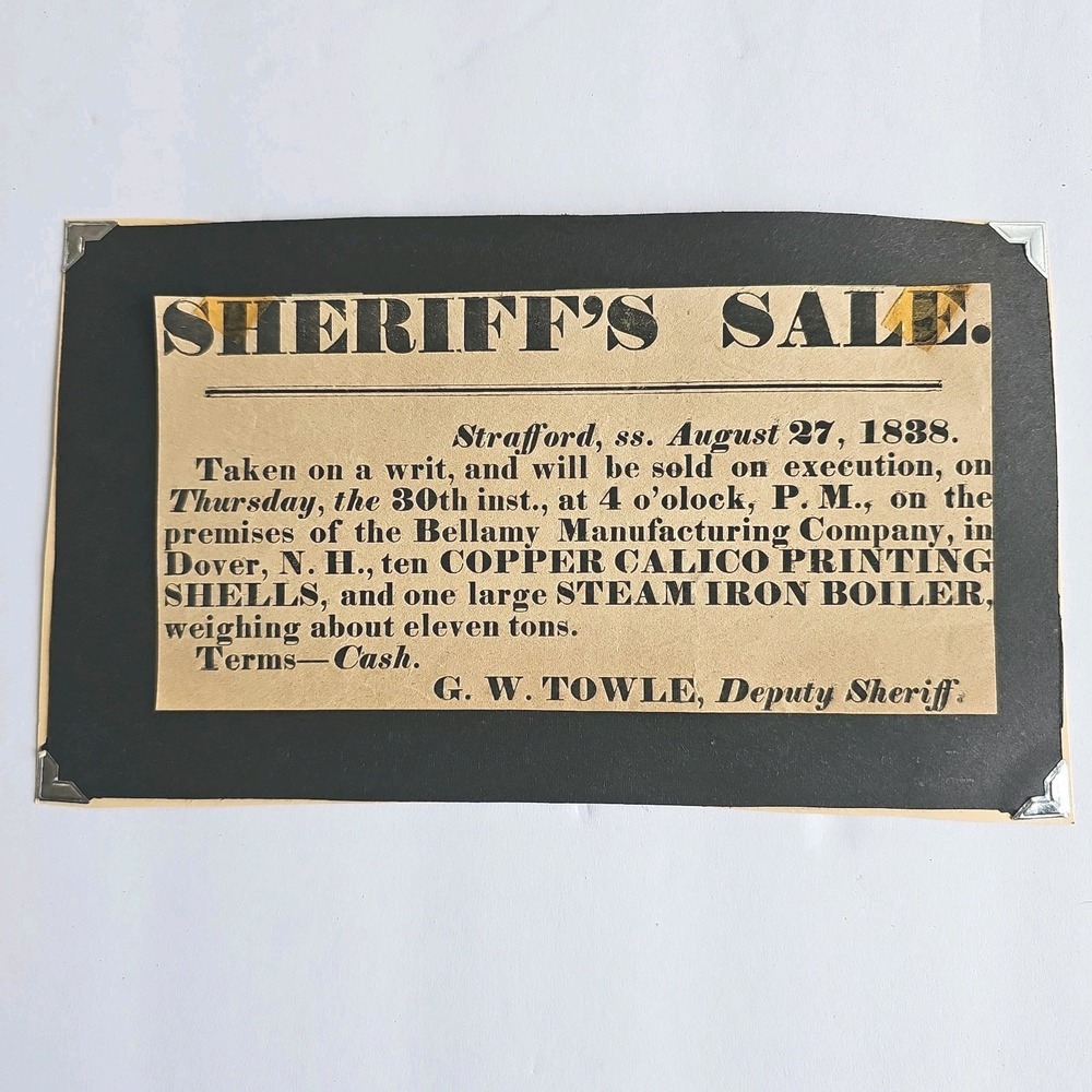 Antique‎ 1848 NH Sheriffs Sale Broadside Bellamy Mfg Co Dover Calico Printing